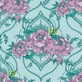 seamless pattern with beautiful peonies and mehndi style deorative frames Royalty Free Stock Photo