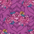 Seamless pattern with beautiful peonies and mehndi style deorative frames Royalty Free Stock Photo