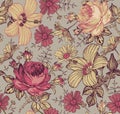 Seamless pattern. Realistic isolated flowers. Vintage background. Chamomile Rose hibiscus mallow. Wallpaper. Drawing engraving.