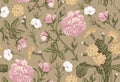 Seamless pattern. Realistic isolated flowers. Vintage background. Rose primrose Primula Wallpaper. Drawing engraving. Royalty Free Stock Photo