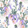 Seamless pattern. Beautiful pink violet blooming flowers. Vintage background.