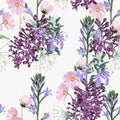 Seamless pattern. Beautiful pink violet blooming flowers. Vintage background.