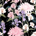 Seamless pattern. Beautiful pink violet blooming flowers. Vintage black background.