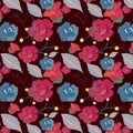 Seamless pattern of beautiful rose red, blue sapphire color roses and silver metallic, deep jungle green color leaves.