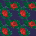 Seamless pattern with beautiful scarlet roses on a dark blue background. Red rose in evening light