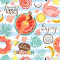 Summer rest and vacation collage. Seamless pattern with woman floating on inflatable ring, flowers and lettering.