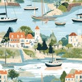 A seamless pattern that beautifully captures a picturesque riverside setting