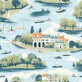 A seamless pattern that beautifully captures a picturesque riverside setting