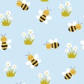 Seamless pattern with bee and daisy. Childish background. Vector illustration. Royalty Free Stock Photo