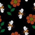 Seamless pattern with bee and flowers embroidery stitches imitat Royalty Free Stock Photo