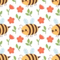 Seamless pattern of bee, red flowers and green leaf on white background vector illustration. Royalty Free Stock Photo