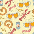 Seamless pattern with beer glasses, cans, barley, lobsters, sausages and pretzels. Vector graphics Royalty Free Stock Photo