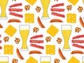 Seamless pattern with Beer glasses, sausages, pretzels, cheese slice, bacon on white background. Flat vector design Royalty Free Stock Photo