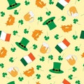 Seamless pattern with beer, leprechaun hat, beard and mustache, shamrock and irish flag on yellow background