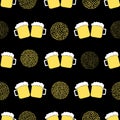 Seamless pattern with beer mug and circles on the black background. Royalty Free Stock Photo
