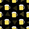 Seamless pattern with beer mug and triangles on the black background. Royalty Free Stock Photo