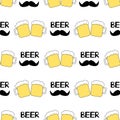 Seamless pattern with beer mugs and mustache on the white background. Royalty Free Stock Photo