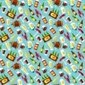 Seamless pattern with beer symbols on blue background.