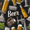 Seamless pattern beer tap, class, can, bottle and hop.