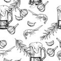 seamless pattern of beer theme, sketch of glass of beer, shrimps, rosemary and garlic, hand drawn vector illustration of Royalty Free Stock Photo