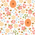 Seamless pattern of bees, beehives and flowers. Vector graphics Royalty Free Stock Photo