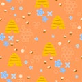 Seamless pattern of bees, beehives and flowers. Vector graphics Royalty Free Stock Photo