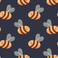 Seamless pattern with bees on color background. Small wasp. Vector illustration. Adorable cartoon character. Template