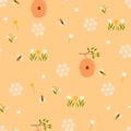 Seamless pattern with bees, flowers and beehives. Vector graphics Royalty Free Stock Photo