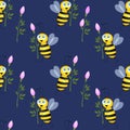 Seamless Pattern With Bees And Flowers On Blue Background. Vector Illustration. Adorable Cartoon Character. Template Design For