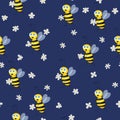 Seamless Pattern With Bees And Flowers On Blue Background. Vector Illustration. Adorable Cartoon Character. Template