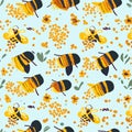 Seamless pattern with bees and flowers. Hand drawn vector illustration. generative AI Royalty Free Stock Photo