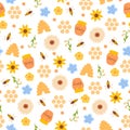 Seamless pattern with bees, flowers, honey, honeycombs, beehives. Vector graphics