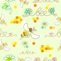 Seamless pattern with bees and flowers in line art style