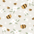 Seamless pattern with bees and flowers. Vector illustrations