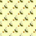 Seamless pattern of bees with honey pots.