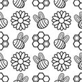 seamless pattern of bees, honeycomb and flowers