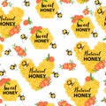 Seamless pattern with bees, honeycomb, flowers and text. Sweet and natural honey. Royalty Free Stock Photo