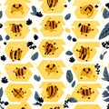 Seamless pattern with bees and honeycombs. Vector illustration. AI Generated