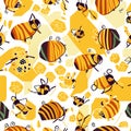 Seamless pattern with bees and honeycombs. Vector illustration. AI generated