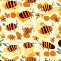 Seamless pattern with bees and honeycombs. Vector illustration. generative AI