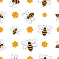 Seamless pattern with bees and honeycombs on white background. Small wasp. Vector illustration. Adorable cartoon