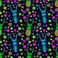Seamless illustration with beetles, deer and flowers, bright insects on a dark background Royalty Free Stock Photo