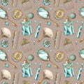 Seamless pattern on beige background made of hand drawn illustration of vintage brush, mirror, jeweled pin, crystal jar Royalty Free Stock Photo