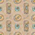 Seamless pattern on beige background made of hand drawn illustrations of vintage hairbrush, jeweled pin, crystal jar Royalty Free Stock Photo