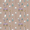 Seamless pattern on beige background made of hand drawn illustrations of vintage jewelry, crystal pins, pearls Royalty Free Stock Photo