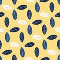 Seamless pattern of beige and blue leaves on a yellow background. Strict flat design. Geometric location. Natural eco Royalty Free Stock Photo
