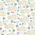 Seamless pattern with beige color submarines, fishes and seaweeds. Vector illustration in flat design. Royalty Free Stock Photo