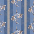 Seamless pattern beige flowers on a blue background with beige vertical stripes. Watercolor Royalty Free Stock Photo