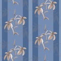 Seamless pattern beige flowers on a deep blue background with blue vertical stripes. Watercolor Royalty Free Stock Photo