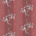 Seamless pattern beige flowers of lily on a deep red background with vertical stripes. Watercolor Royalty Free Stock Photo